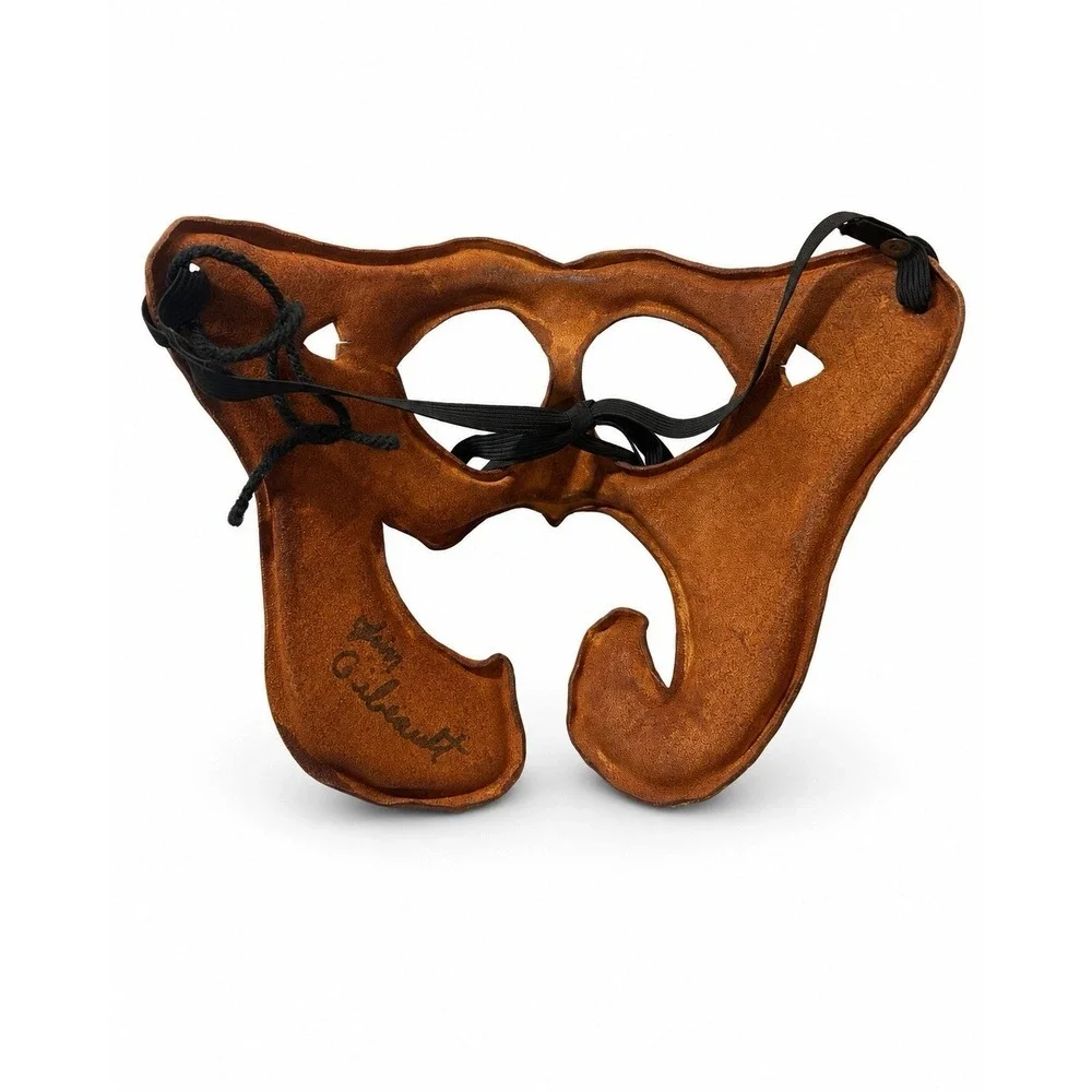 Vintage Jim Gibeault Brown Leather Theater Mask Mardi Gras Halloween Avant Garde